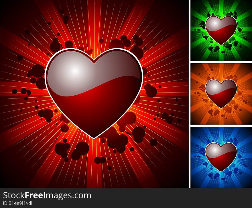 Valentine's day illustration with glossy red heart with four colour variation