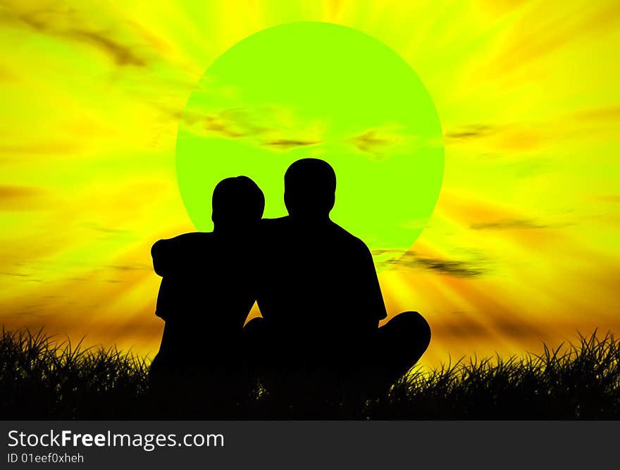 Lovers on the grass in front of the sunset. Lovers on the grass in front of the sunset