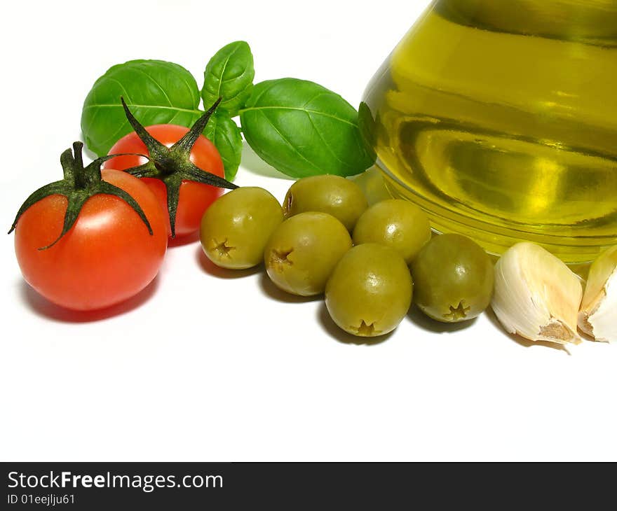 Olive oil and fresh herbs and vegetables. Olive oil and fresh herbs and vegetables