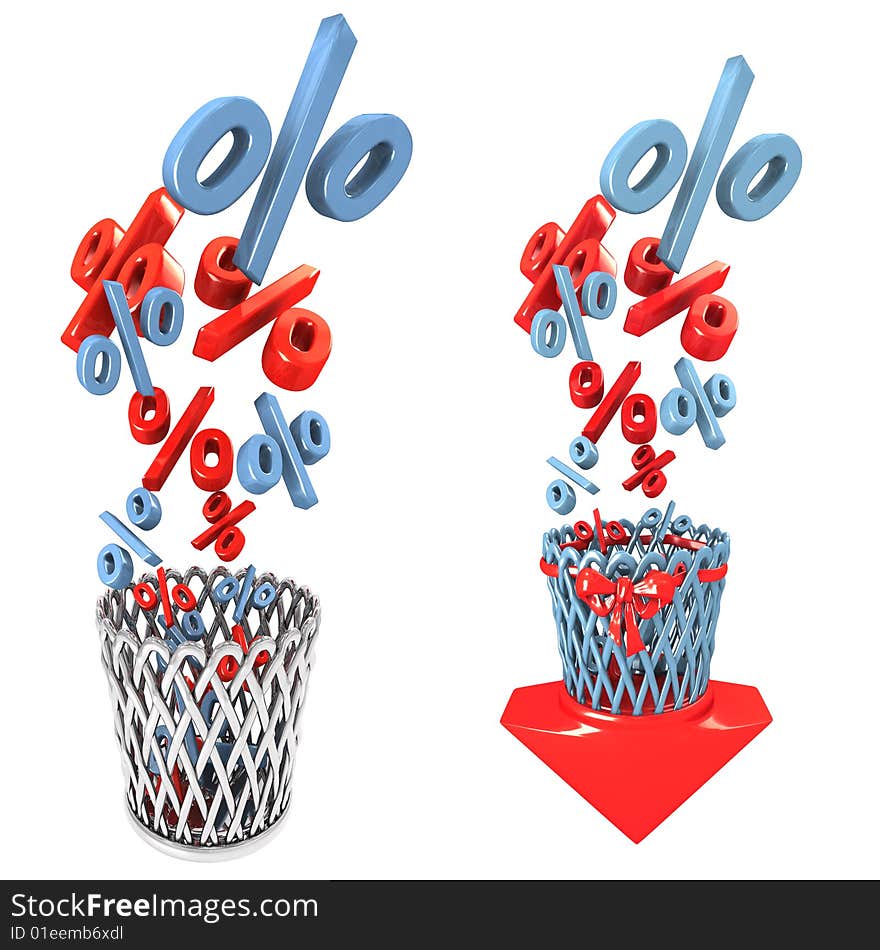 Red and blue symbols of percent falling in basket. Red and blue symbols of percent falling in basket