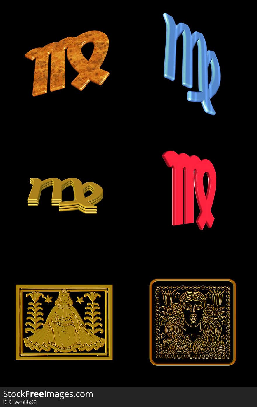 Astrological sign virgo - six different icons on a black background. Astrological sign virgo - six different icons on a black background