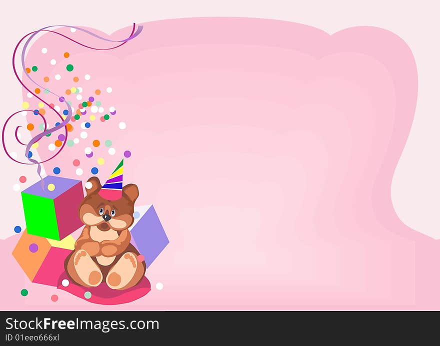 This is a pink background with toys and confetti. This is a pink background with toys and confetti