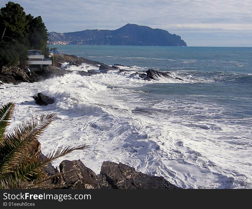 A great wave of a stormy sea near the coast. A great wave of a stormy sea near the coast.