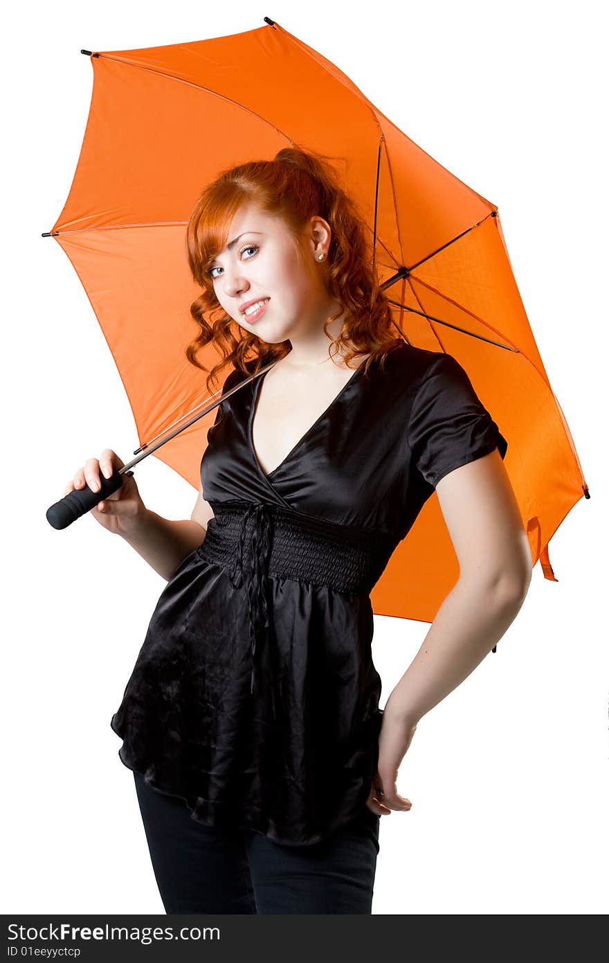 Beautiful red-haired girl with an umbrella on a white background