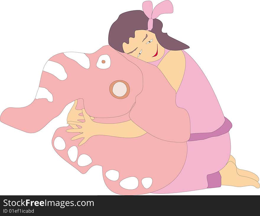 Girl, Which Embraces Large Pink Elephant