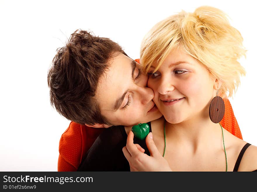 Happy young couple having fun in the studio