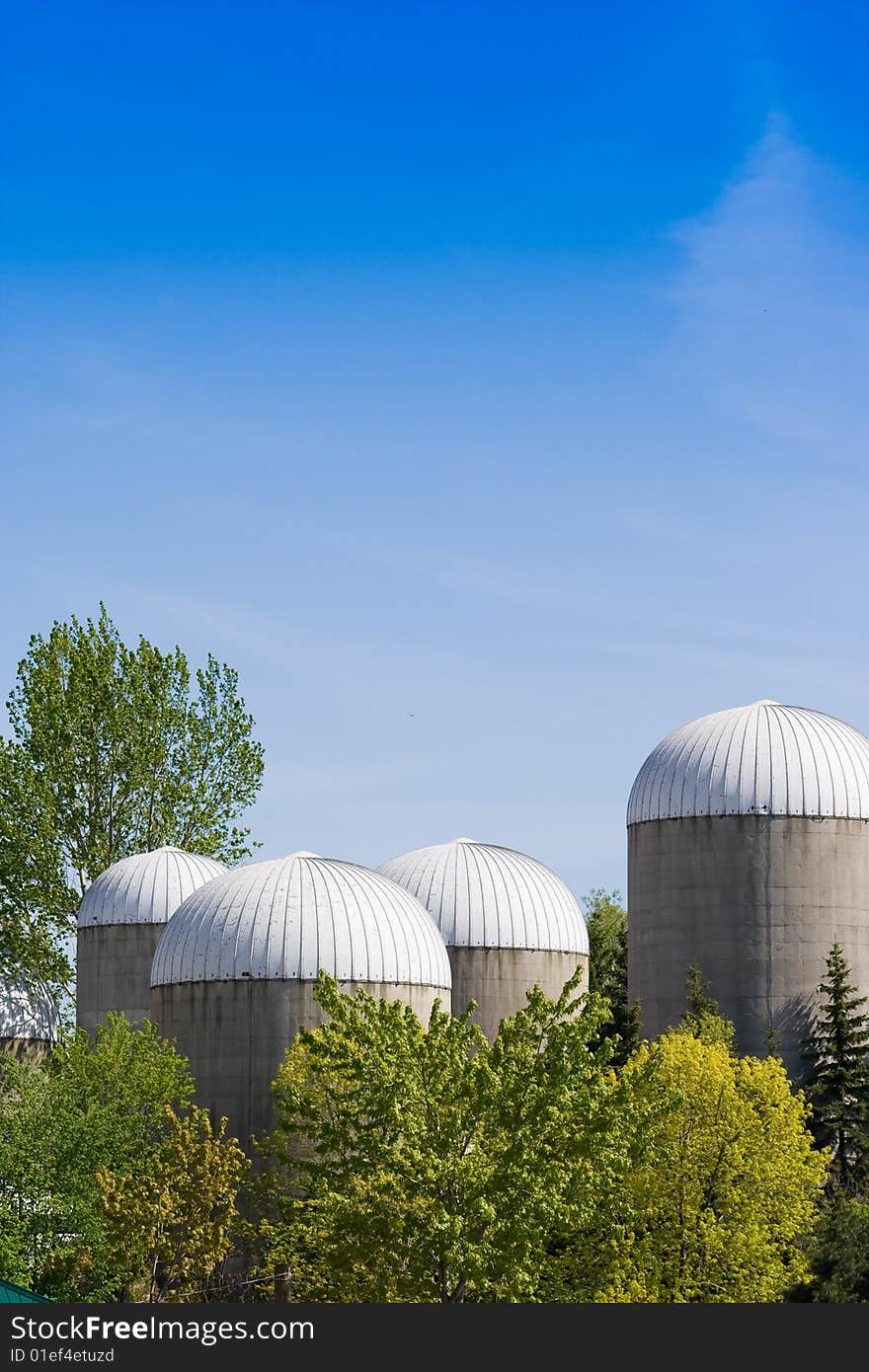 Group of agricultural urban futuristic style towers at the Ontario island. Group of agricultural urban futuristic style towers at the Ontario island