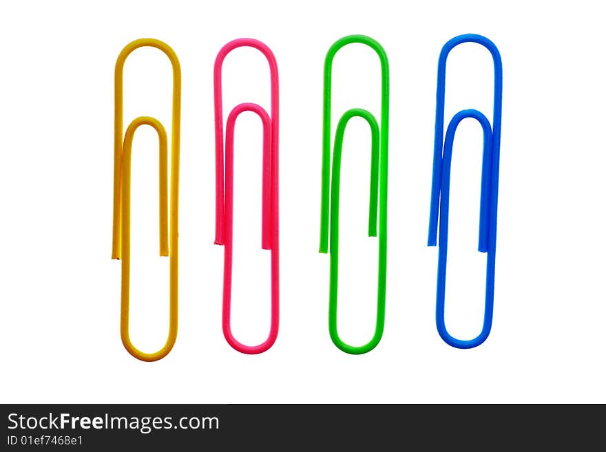 Four multicolored paper clips isolated on white background. Four multicolored paper clips isolated on white background