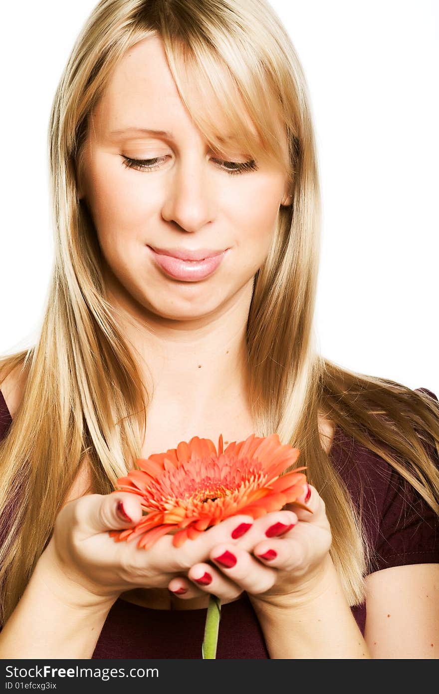 Portrait of Fresh and Beautiful woman with flower isolated on white