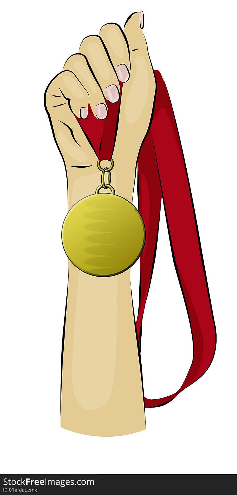 Hand holding up a gold medal