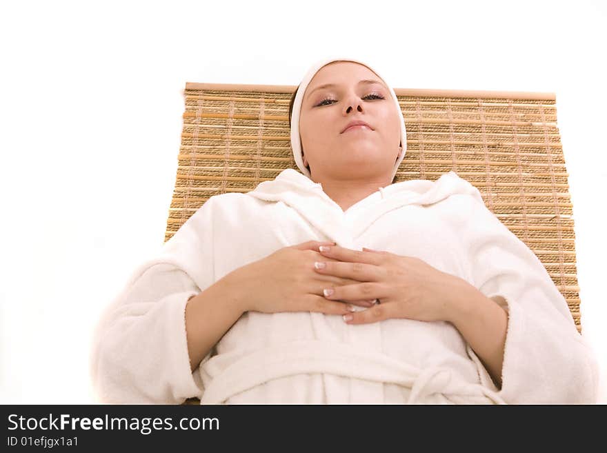 Woman in spa on white