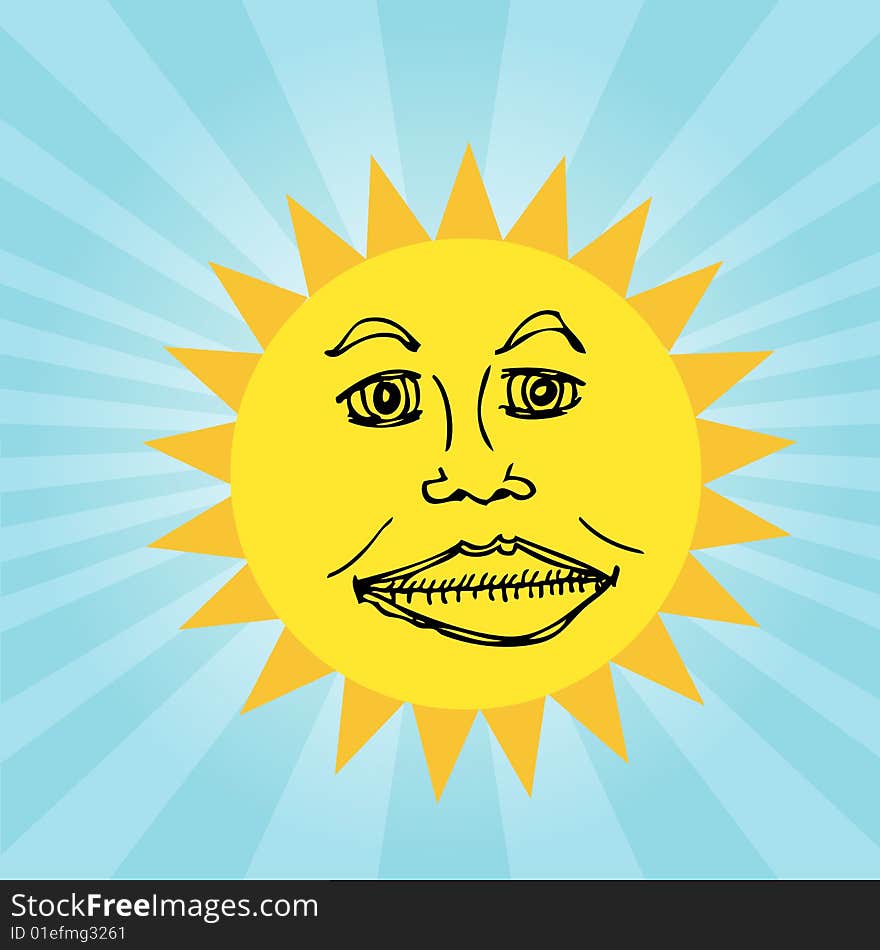 A large bold illustration of the sun with a face.