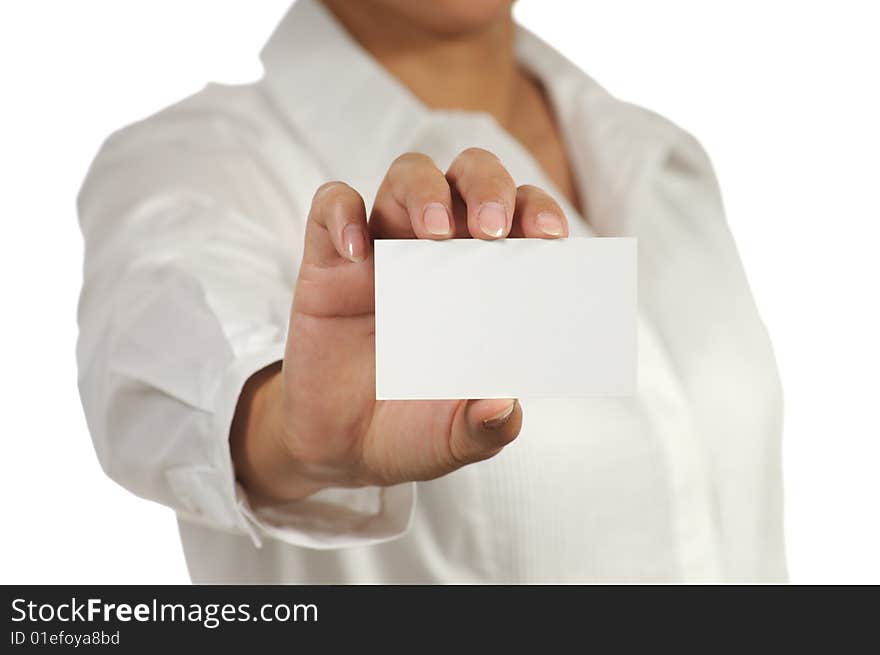 Businesswoman holding empty business card. Isolated on white.