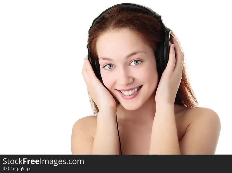 Beauty woman in headphones on white background