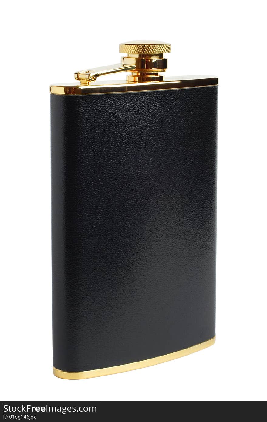 Black and gilt hipflask for alcoholic drink isolated on the white background