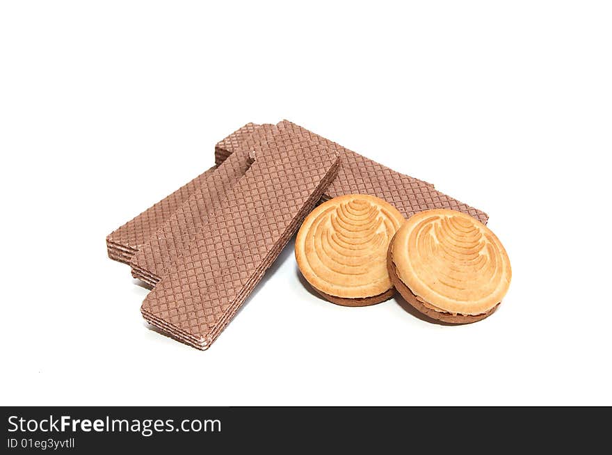 Wafers and two cookie isolated on a white background. Wafers and two cookie isolated on a white background.