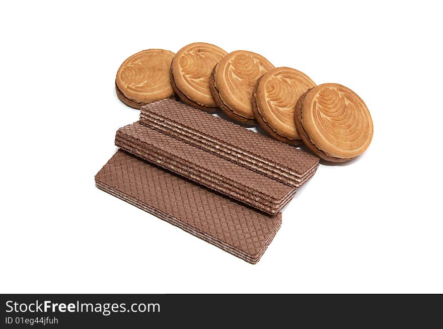 Five cookie and three wafers isolated on a white background. Five cookie and three wafers isolated on a white background.