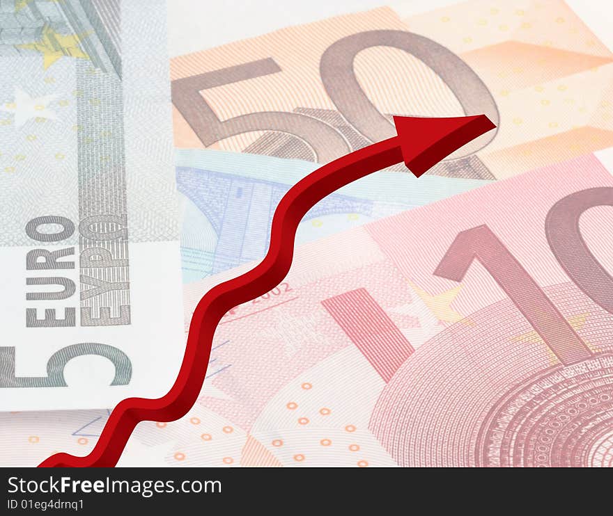 Euro banknotes overlaid with red profit arrow