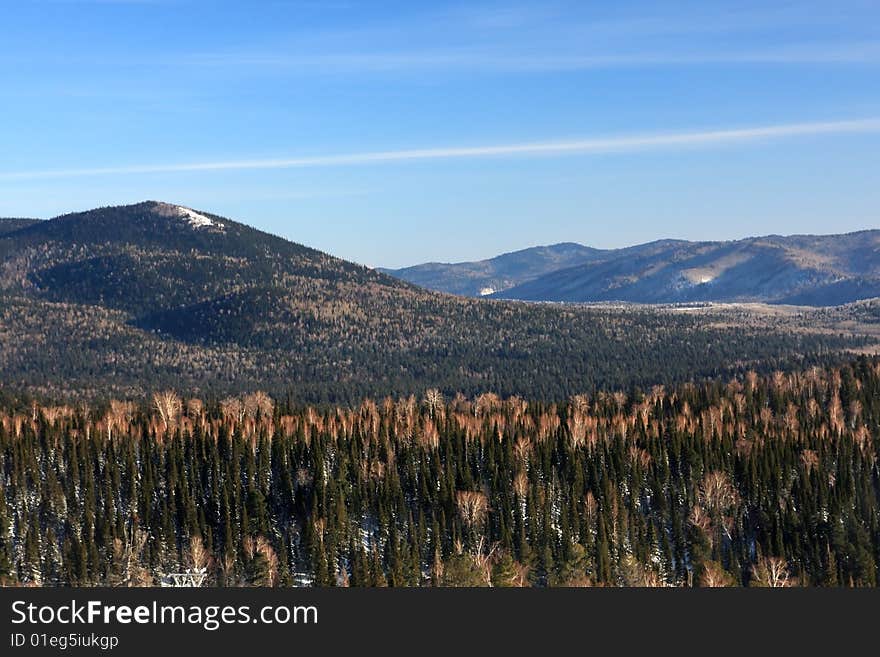 Mountain landscape. Mountain Shoriya. Sheregesh. Russia.