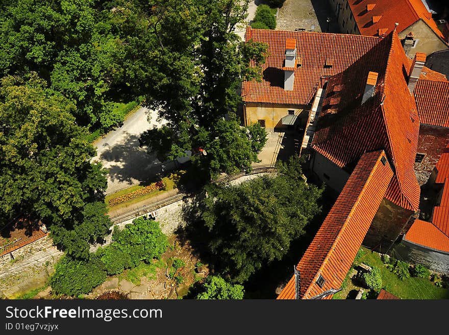 Birds´s eyeview of the roofs of Unesco city Cesky Krumlov. The town of Cesky Krumlov is a popular destination of thousands of visitors from the whole world. The city has preserved as a medieval architectonics historical monument. Birds´s eyeview of the roofs of Unesco city Cesky Krumlov. The town of Cesky Krumlov is a popular destination of thousands of visitors from the whole world. The city has preserved as a medieval architectonics historical monument.