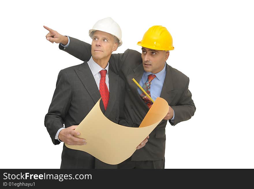 Two engineers isolated against a white background