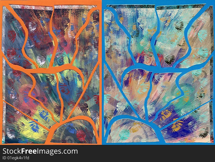 Creative work in painting and collage on blue and orange. Creative work in painting and collage on blue and orange