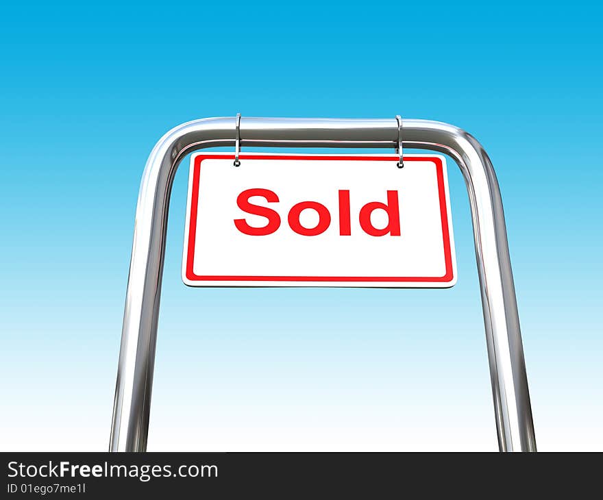 A white Sold sign on a metal pipe. A white Sold sign on a metal pipe