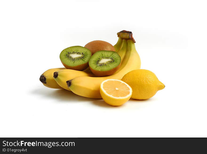 Banana kiwi lemon isolated on white. Banana kiwi lemon isolated on white