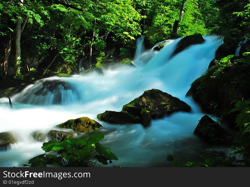 Majestic waterfall thundering onto rocks at Oirase stream, Aomori, Japan