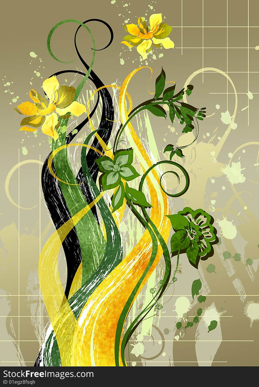 Floral yellow-green abstract illustration on a metallic  background for the creative design. Floral yellow-green abstract illustration on a metallic  background for the creative design