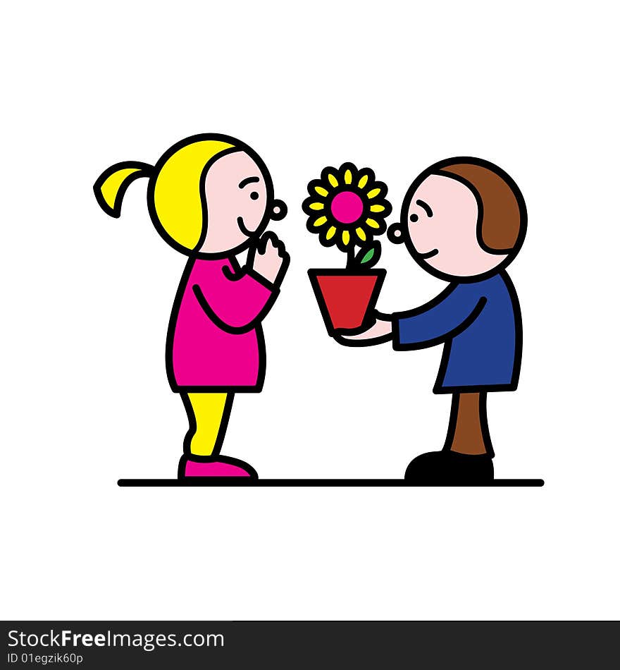 Man giving woman flower as gift. Man giving woman flower as gift