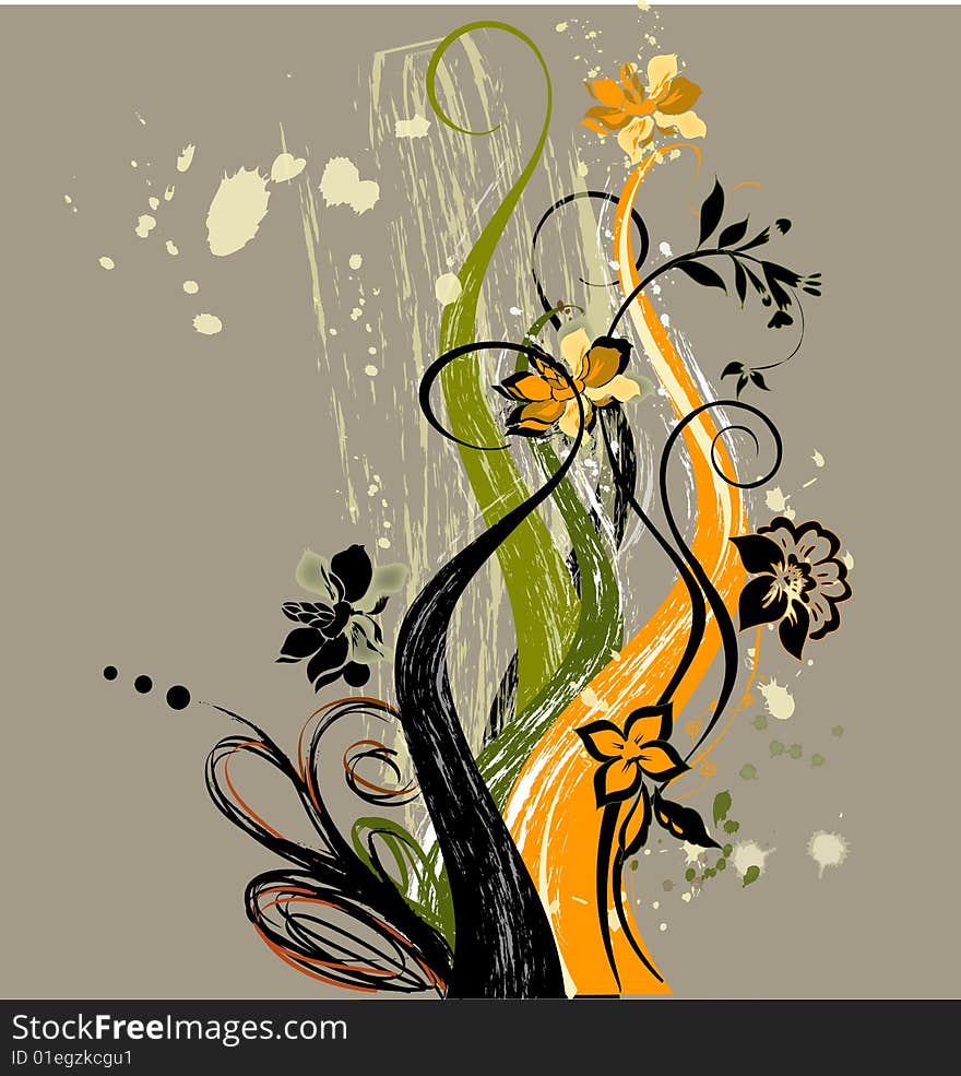 Floral orange-green abstract illustration on the grey background for the creative design. Floral orange-green abstract illustration on the grey background for the creative design