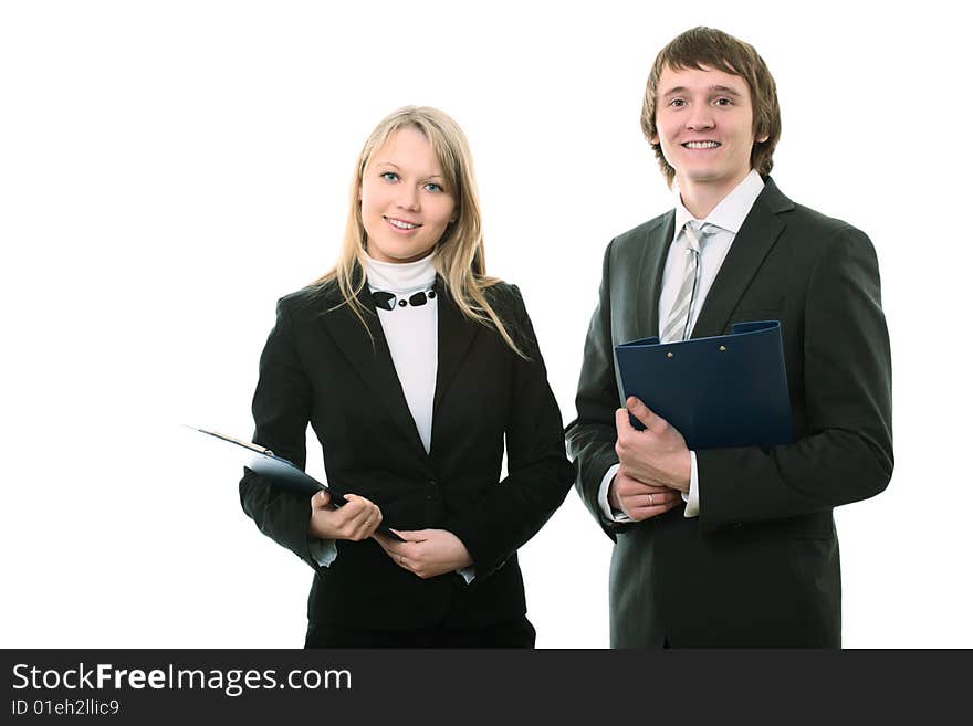 Businessman and businesswoman on white background