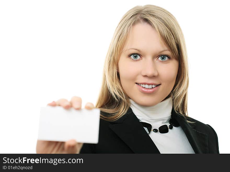 Young business woman hold wisiting card on white background