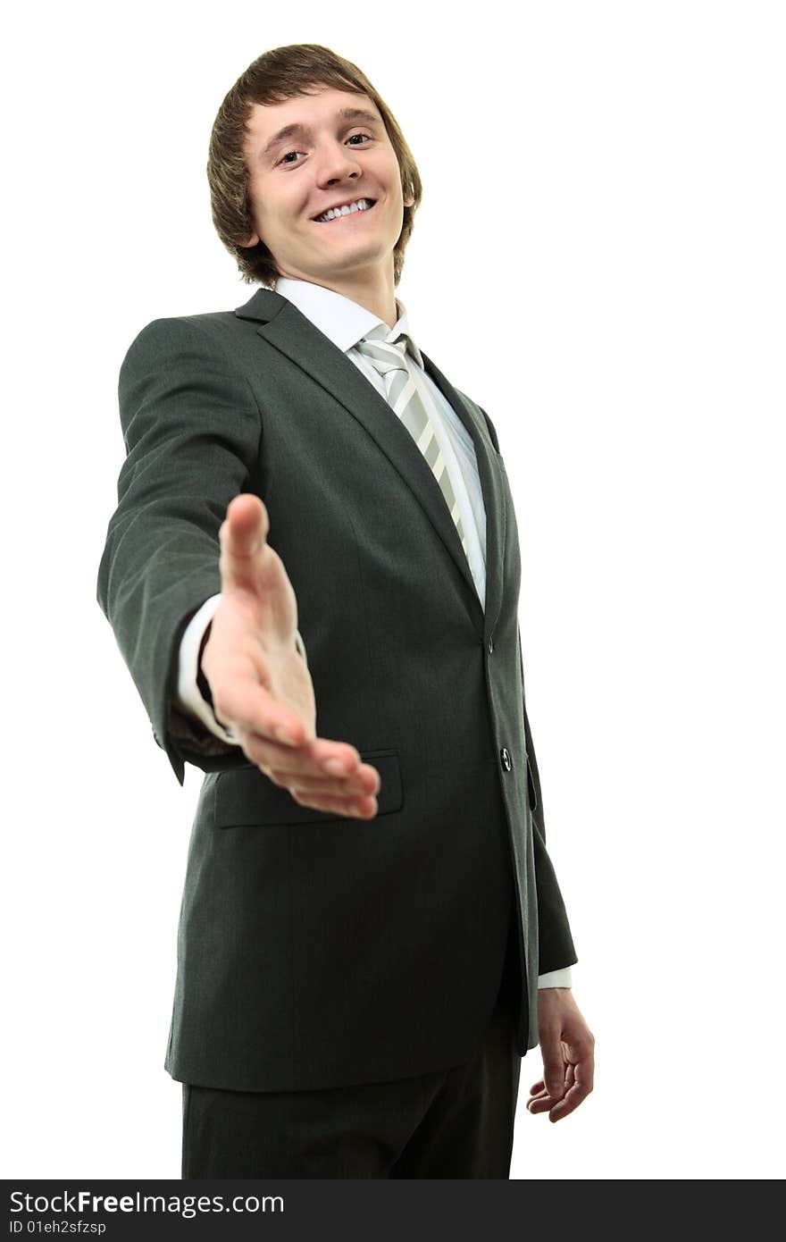 Businessman hold halp hand on whited background