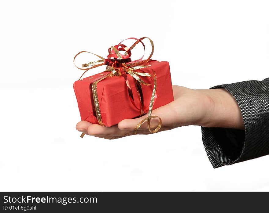 Red small gift box in hand. Red small gift box in hand