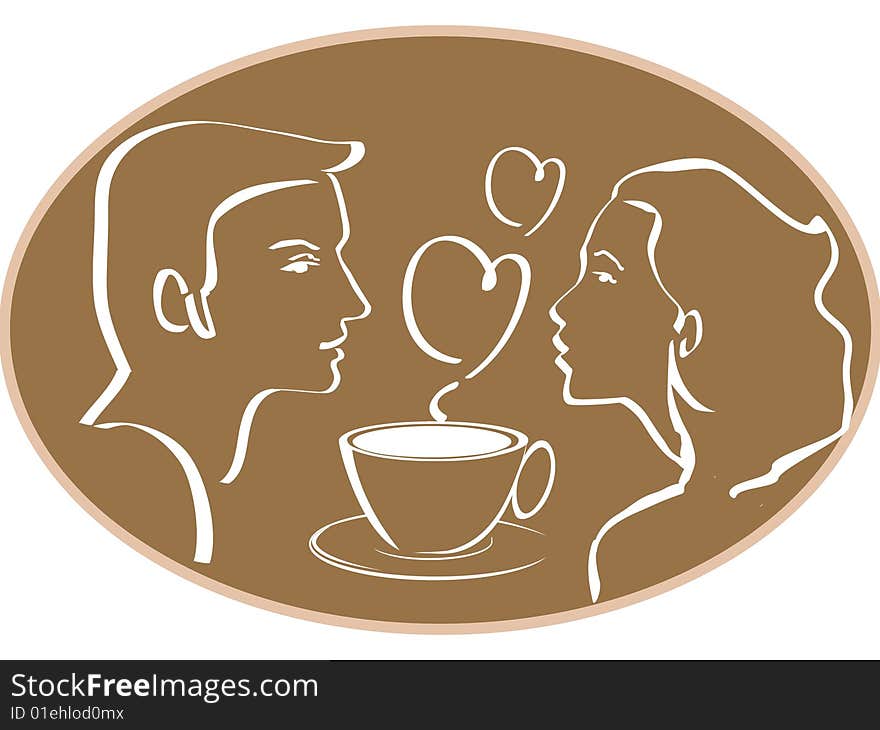 Silhouette of a man or woman over a cup of tea, coffee or a hot chocolate cup with hearts in the background. Silhouette of a man or woman over a cup of tea, coffee or a hot chocolate cup with hearts in the background