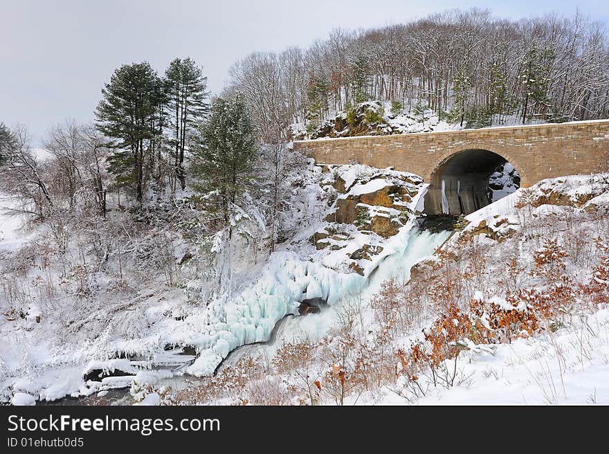 The frozen waterfall in the winter