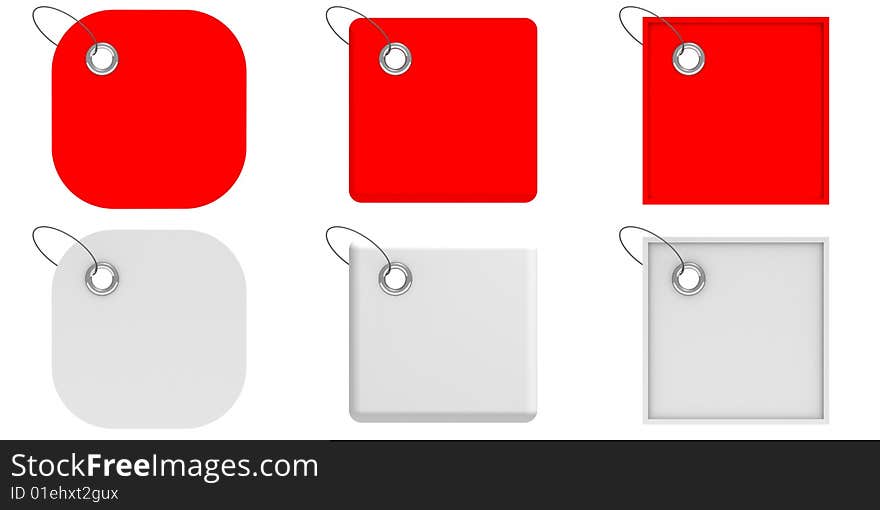 Square tags in white and red; 3d render;