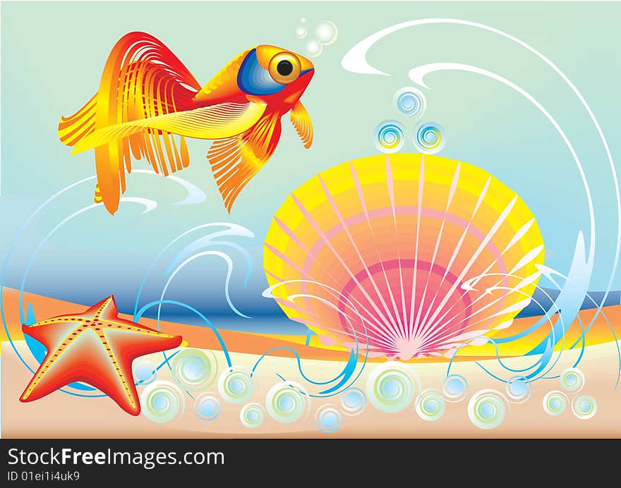 Illustration of fish, bowl, pearls, the sea