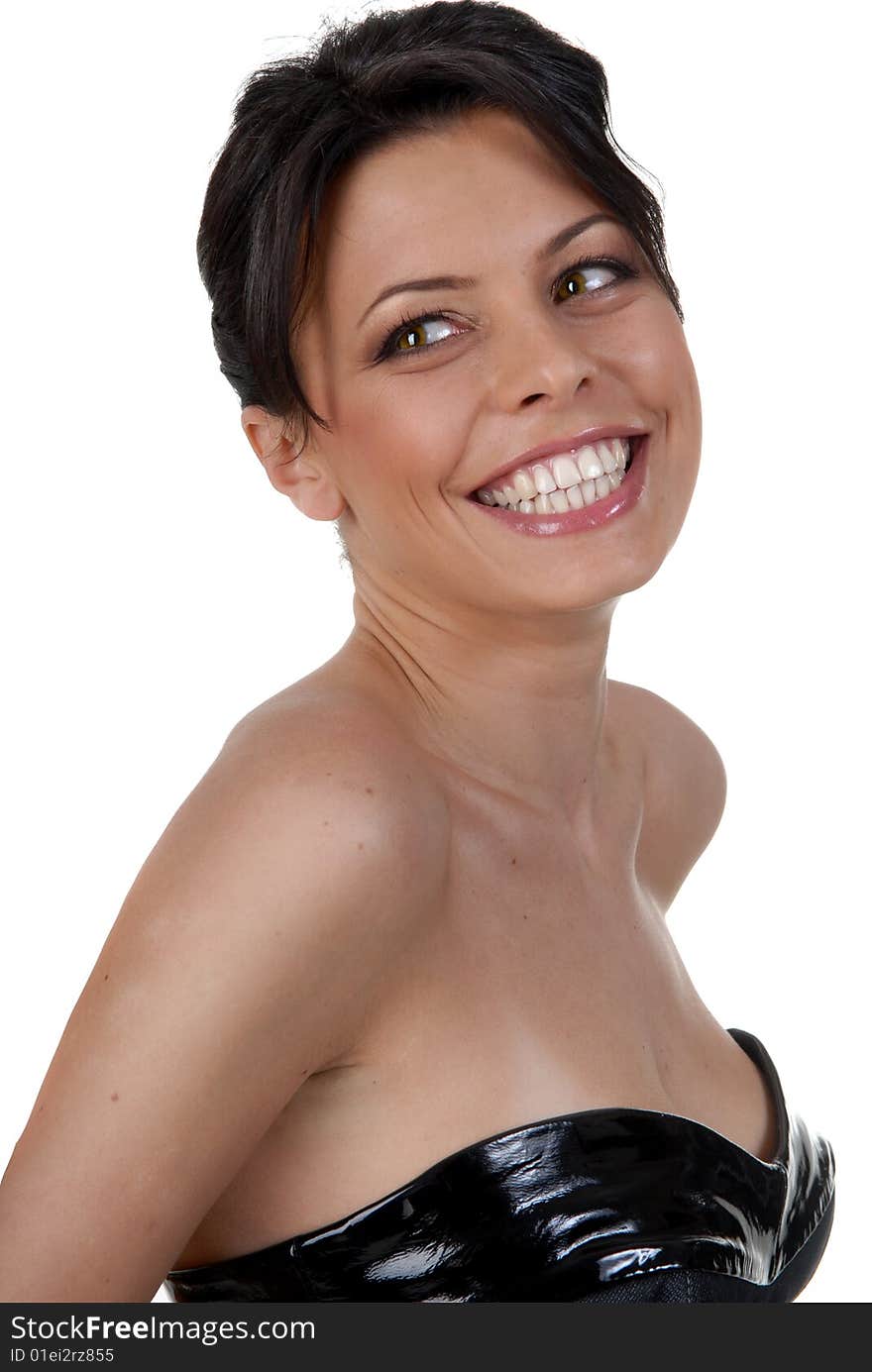 Young beautiful happy smiling woman in elegance dress on white