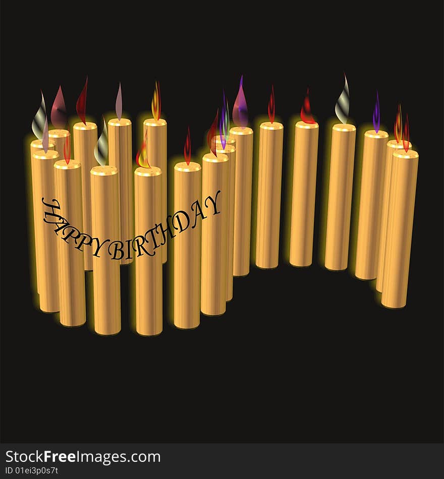 Gold candles on black with happy birthday message in 3d