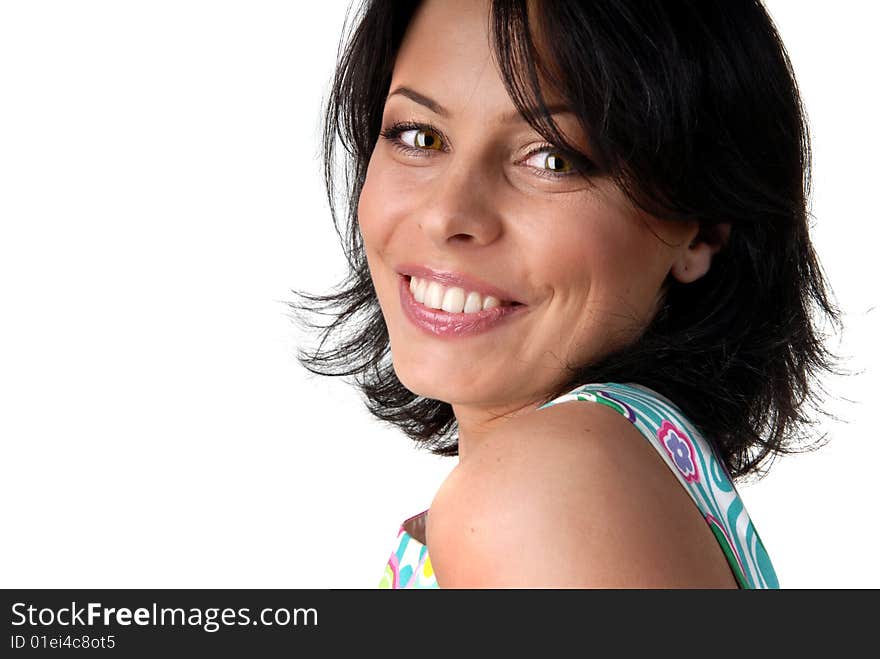 Young beautiful happy smiling woman in elegance dress on white