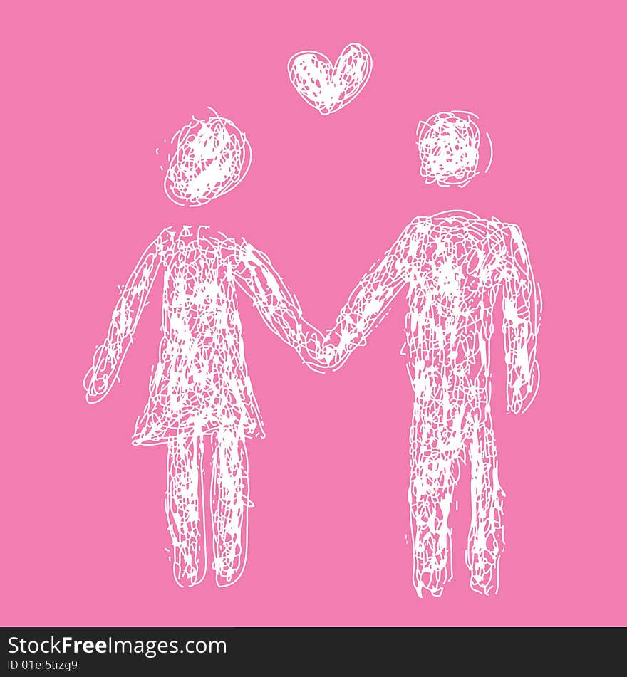 A scribbled illustration of a heterosexual couple over pink background with heart. Fully scalable vector illustration.