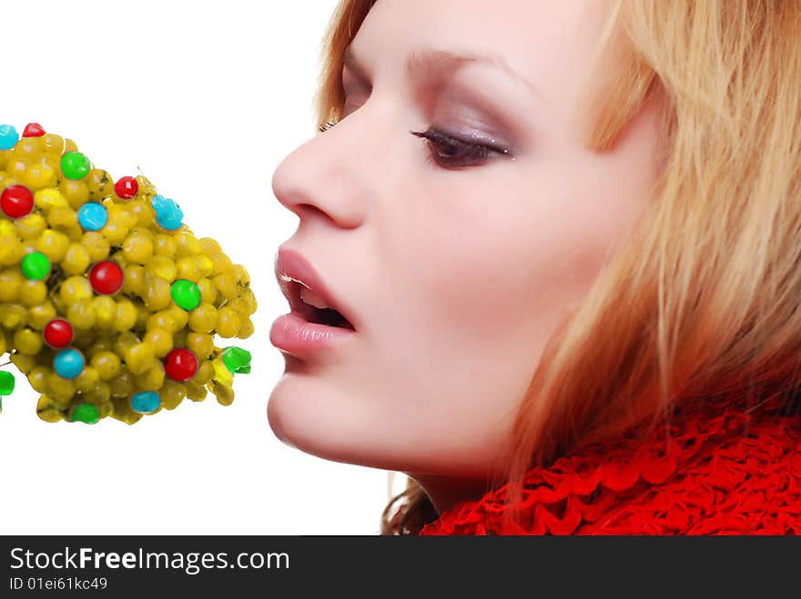 Portrait of woman in scarf with color berries. Portrait of woman in scarf with color berries