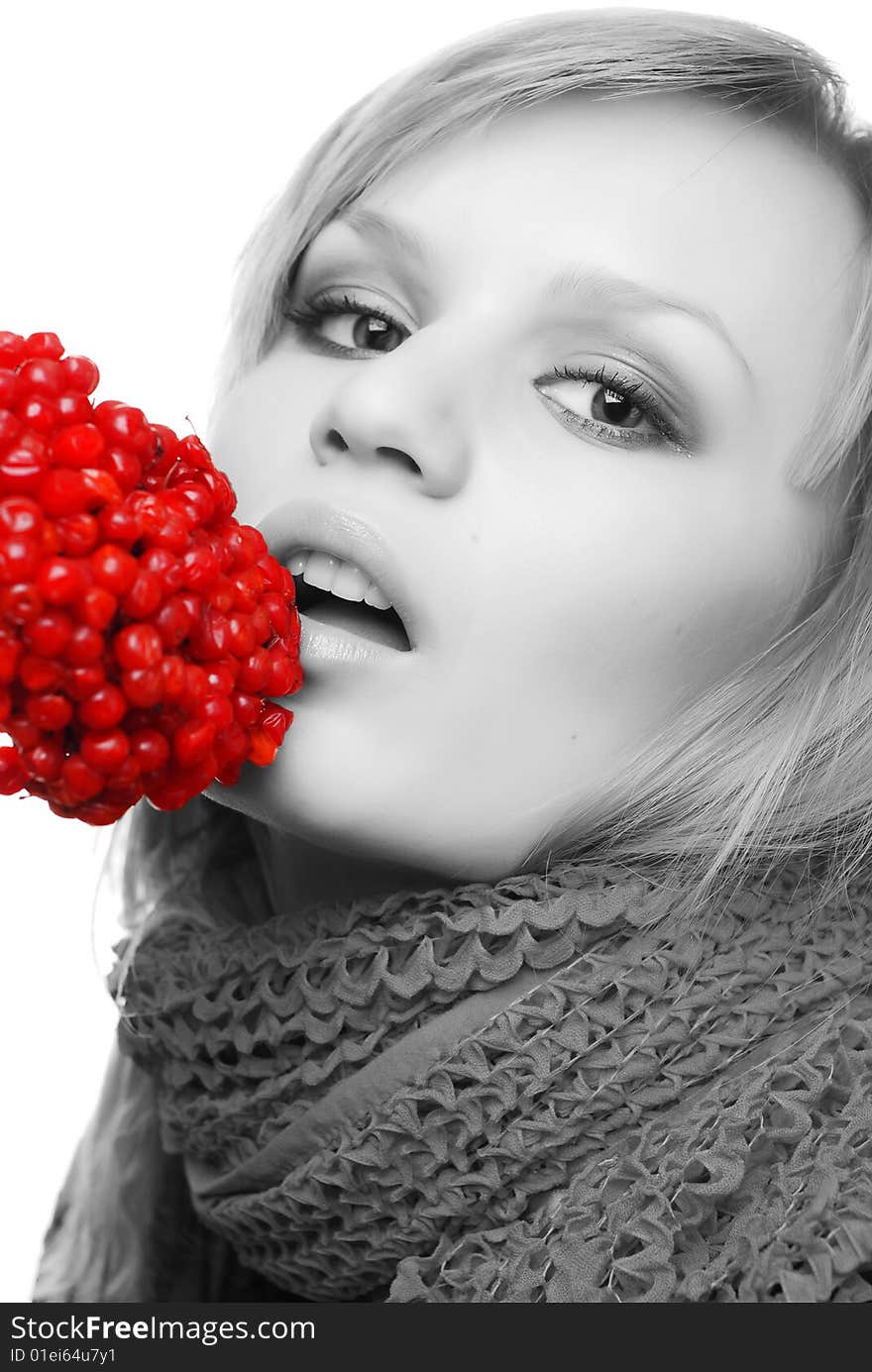 Portrait of woman in scarf with red berries. Portrait of woman in scarf with red berries