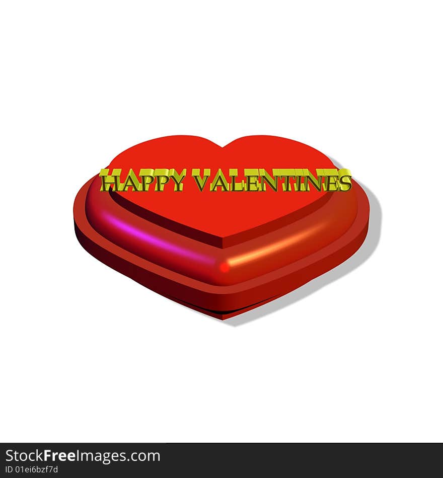 Valentines heart laying flat in 3d with text message of happy valentines across the top in 3d. Valentines heart laying flat in 3d with text message of happy valentines across the top in 3d