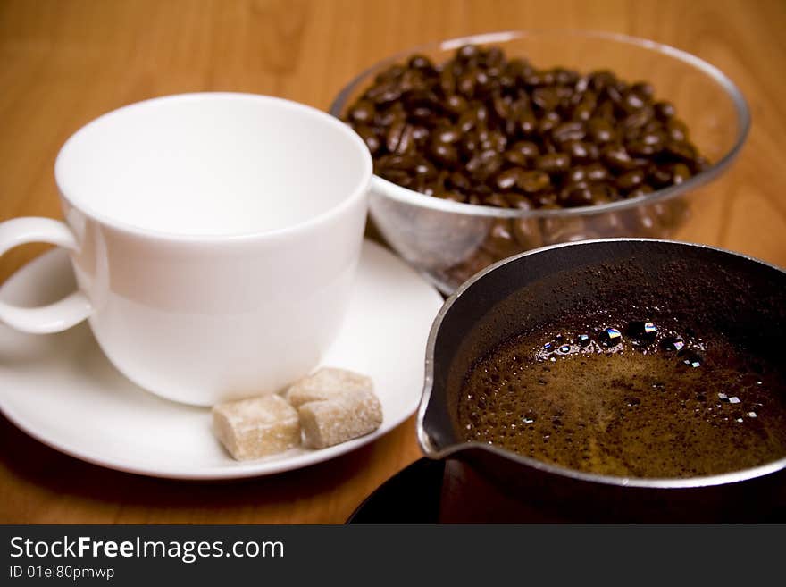 Cup, Coffee, Sugar And Beans In Glass Bowl