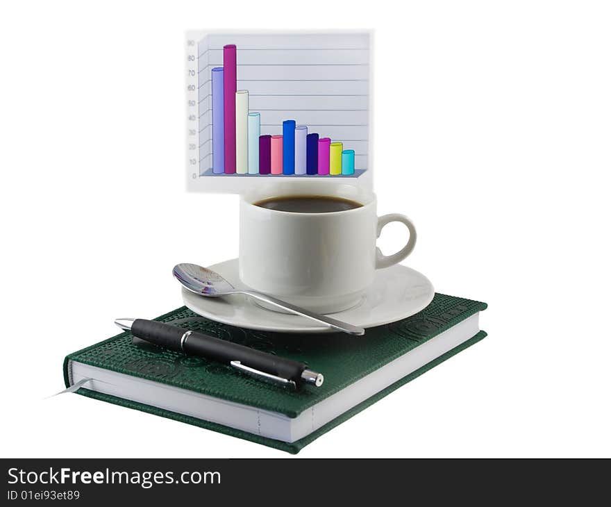 Coffee cup, standing on the black personal organizer, on a back background - financial  diagram . Isolated on white. Coffee cup, standing on the black personal organizer, on a back background - financial  diagram . Isolated on white.