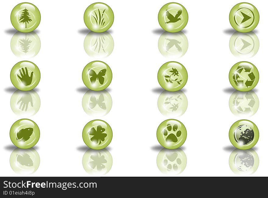 Green sphere icons with shapes